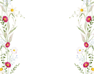 Watercolor floral folk seamless border. Meadow red daisy, blue forget-me-not, chamomiles wild flowers, green branches, leaves. Hand drawn style illustration. Artistic template design.