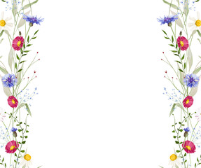 Watercolor floral folk vertical seamless border. Meadow red daisy, blue forget-me-not, chamomiles wild flowers, green branches, leaves. Hand drawn style illustration. Artistic template design.