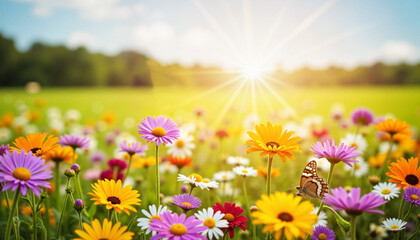 Obraz premium Colorful butterflies fluttering in vibrant flower field, nature's beauty
