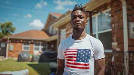 Fototapeta premium A young smiling American man with an American flag t-shirt stands on the back door of house near a barbecue, the concept of celebrating independence day in America on the 4th of July with friends