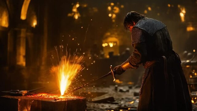 Scene A skilled blacksmith forges sword sparks, smooth repetitive motion for background video animation