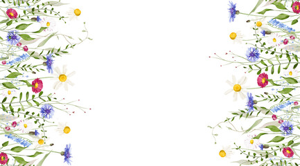 Watercolor floral folk vertical seamless border. Meadow red daisy, blue forget-me-not, chamomiles wild flowers, green branches, leaves. Hand drawn style illustration. Artistic template design.