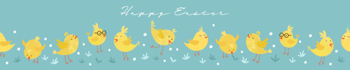 Lovely yellow chicks with cute decoration, hand drawn easter pattern, great for textiles, banners, wallpapers, decorations - vector