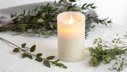 LED Candle with Greenery on White Background