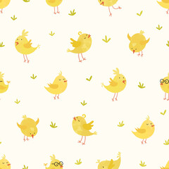 Lovely yellow chicks with cute decoration, hand drawn easter pattern, great for textiles, banners, wallpapers, decorations - vector