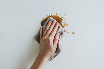 Hand wiping brownish liquid spill with a cloth on a white surface