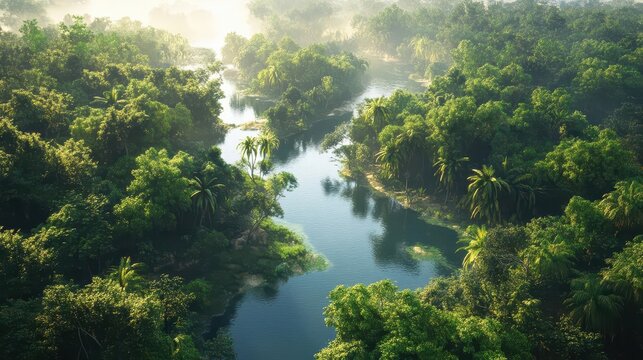 Lush Tropical Rainforest Landscape with Flowing Rivers and Dense Canopy Under Summer Sunlight