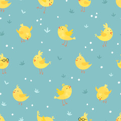 Lovely yellow chicks with cute decoration, hand drawn easter pattern, great for textiles, banners, wallpapers, decorations - vector