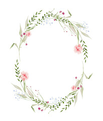 Watercolor floral oval round frame. Meadow pink poppies, blue forget-me-not flowers, green wild branches, sage leaves, herbs. Hand drawn style illustration. Artistic template design.