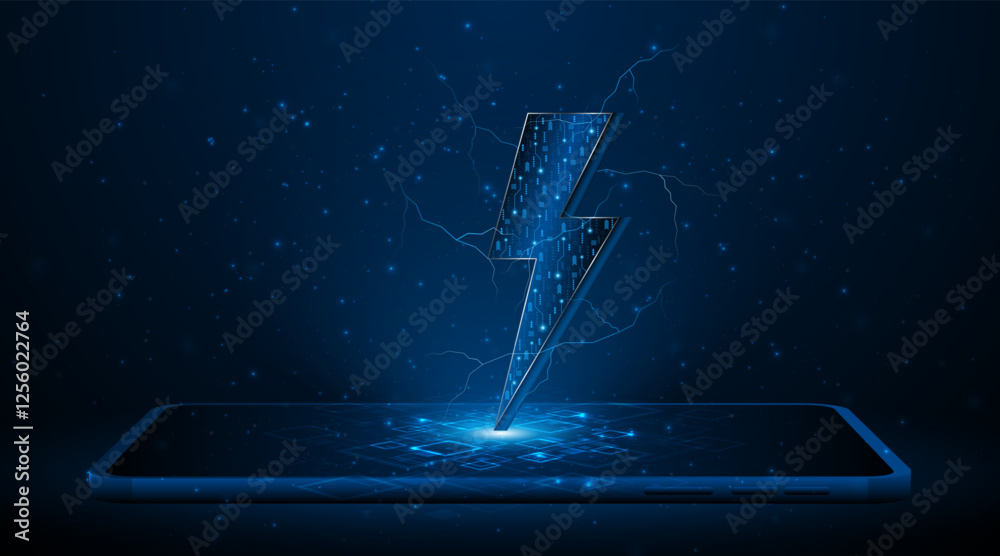 Poster abstract energy or lightning symbol on a smartphone or tablet. concept of technology circuit boards 