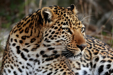 Obraz premium Leopard with intense gaze, black rosettes, and blurred natural background