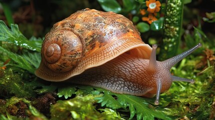 Snail crawling moss forest floor, blurred flowers background, nature macro photography