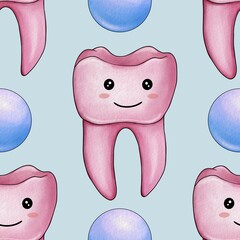 Seamless Pattern Pink Kawaii Tooth and Bubble Big Design on Pastel Blue Background