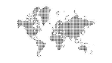 Dotted world map in grey color. Minimalist Circle shape pattern in earth silhouette on white background. Simple design of all continents for geography travel business educational materials.