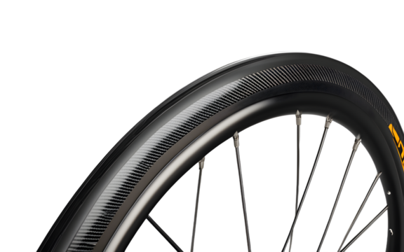 A lightweight carbon fiber road bike wheel, isolated on a empty plain background