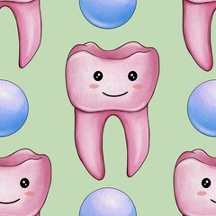 Seamless Pattern Pink Kawaii Tooth and Bubble Big Design on Pastel Green Background
