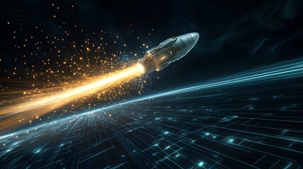 Spacecraft launching through abstract digital landscape with golden burst