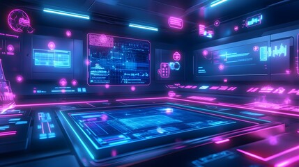 Fototapeta premium A futuristic control room displays digital interfaces with neon highlights