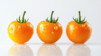 Three glistening orange tomatoes reflect on a bright, seamless surface