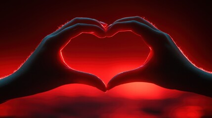 Fototapeta premium Hands forming a heart shape against a luminous red ethereal background