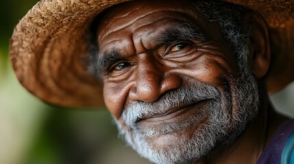 Fototapeta premium Closeup portrait of a cheerful friendly and kind looking elderly tribal elder man with a weathered and wrinkled face wearing a traditional wide brimmed hat