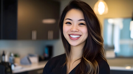 Obraz premium Closeup Portrait of a Cheerful Young Asian Female with a Confident and Joyful Facial Expression in a Casual Lifestyle Setting