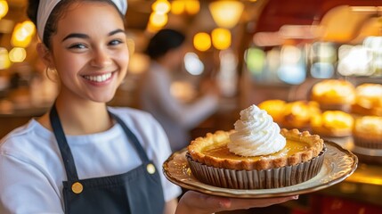 Cheerful bakery server offering a delicious pumpkin tart with whipped cream