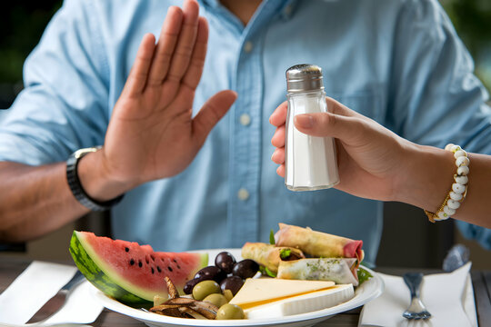 Man in blue shirt refusing food with a hand gesture - Powered by Adobe