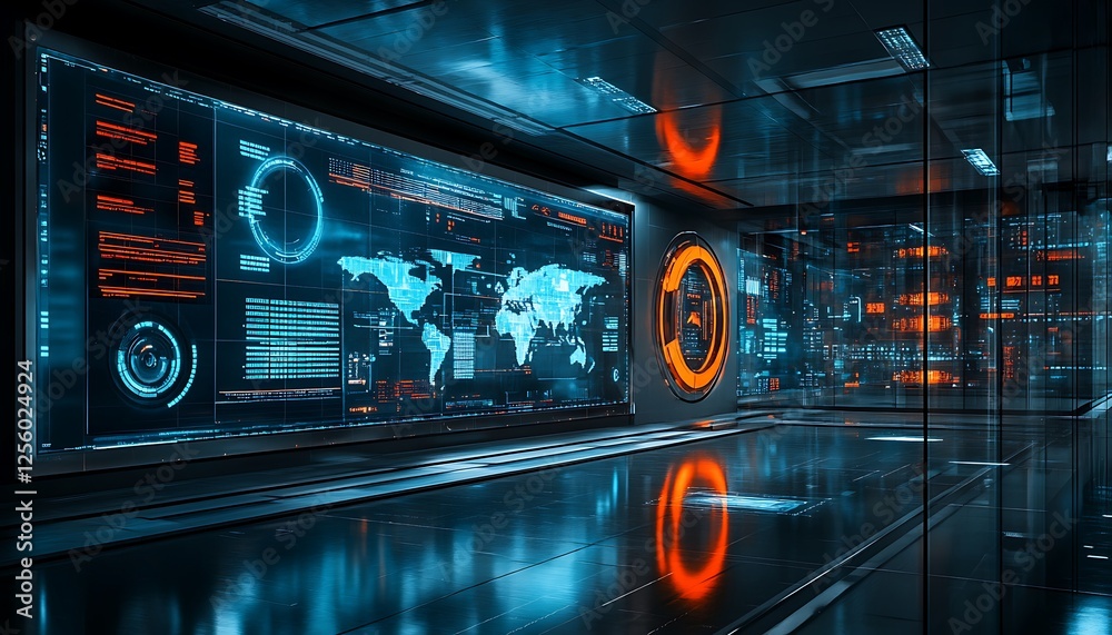 Poster futuristic control room with large digital displays showing world map and data streams.
