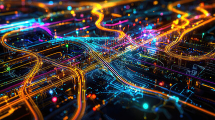 Vibrant abstract cityscape at night showcasing illuminated streets and dynamic traffic patterns