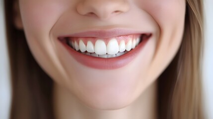 Obraz premium Closeup Portrait of Joyful and Confident Blonde Woman Smiling Brightly and Displaying her Bright White Teeth on a Clean and Minimalist Background The Image Conveys a Sense of Positivity