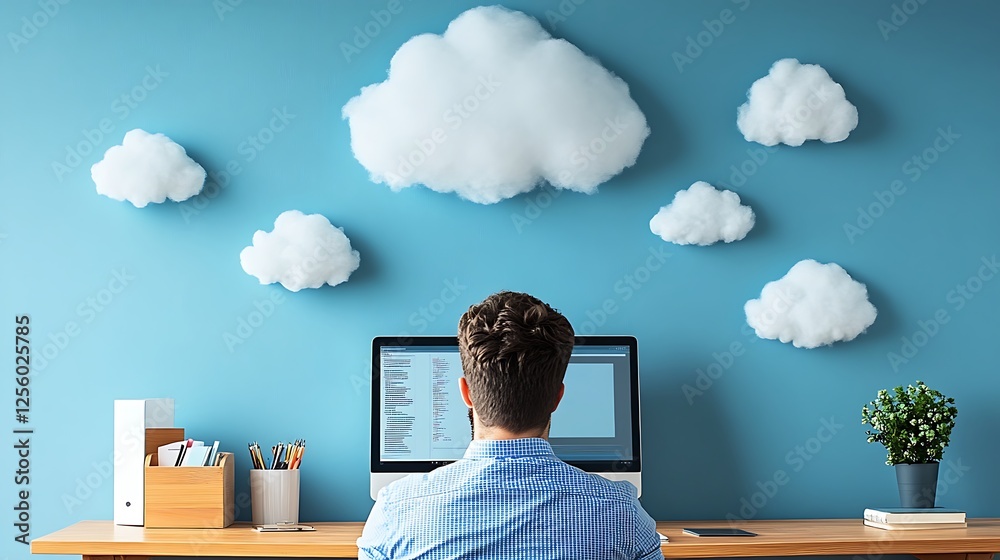 Poster man working on computer with cloud storage concept.