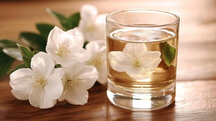 Jasmine tea, blossoms, wooden table, sunlight, health