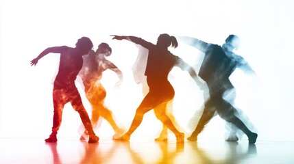 Dynamic silhouettes of dancers showcasing fluid movements against a vibrant color backdrop with space for text. Generative AI