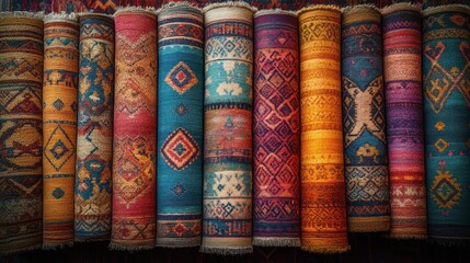 Rolled colorful carpets displayed in a market