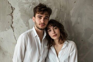 Portrait of a content couple in their 20s wearing a classic white shirt while standing against bare concrete or plaster wall