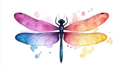 Rainbow Dragonfly Watercolor: A vibrant, colorful dragonfly painted in watercolor with intricate detail and a splash of abstract color. The vibrant wings capture the beauty of nature.