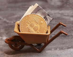 miner's cart with bitcoin coin. The end of cryptocurrency mining
