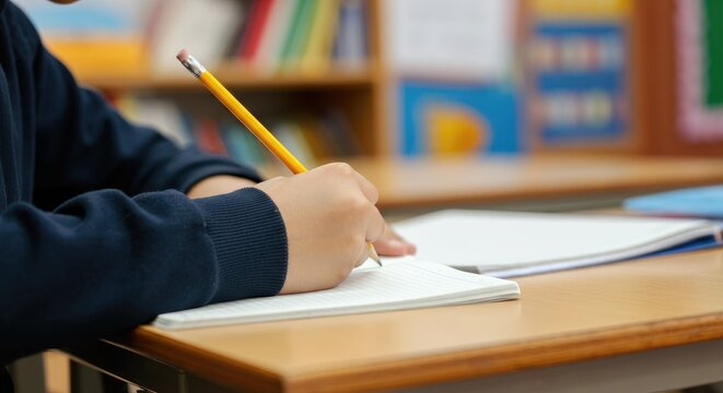 Student writing in notebook with pencil classroom