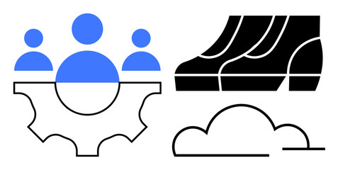 Three people on gear symbolizing teamwork, steps representing progress, and a cloud depicting future potential. Ideal for teamwork, growth, progress, collaboration, innovation, strategic planning