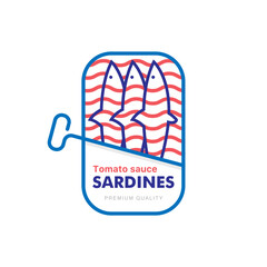 Open tin can with sardines in tomato sauce. Emblem or logo template for restaurant sign, fish can production 