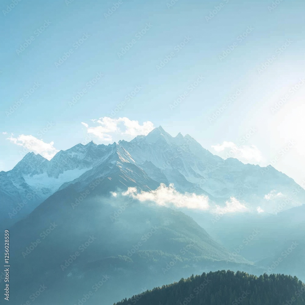 Poster Majestic mountain range against a backdrop of soft clouds in a blue sky inviting exploration and tranquility. Generative AI