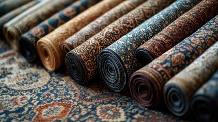 Rolled Rugs Displayed in Shop, Colorful Patterns, Interior Design Inspiration