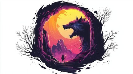 a mystical creature emerging from a portal, fantasy theme, surreal and bold vector art, isolated on white background