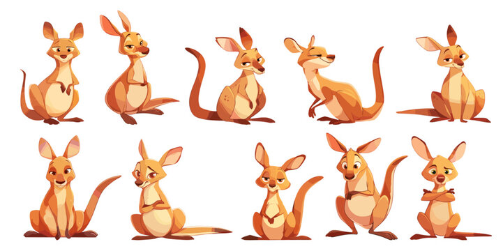 Cartoon kangaroo. Australian animal character in various poses, wildlife marsupial mammal zoo mascot set vector illustration