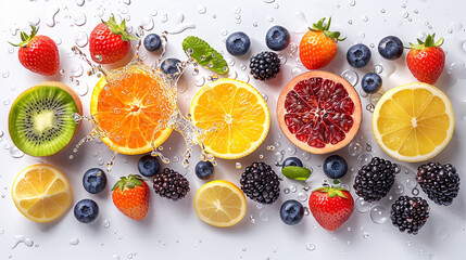 various fruits flying in the air with spreading water against white background 