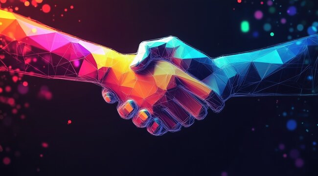Colorful digital - style handshake with polygonal patterns and network lines, embodying business cooperation and technological alliance concepts.