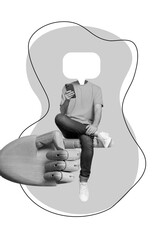 Banner collage advert of freak man addicted social media user reading chat smart device on wooden...