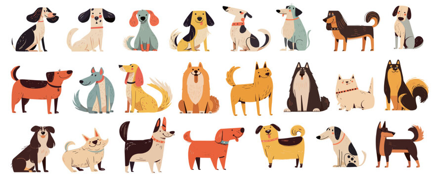 Doodle dogs. Cute puppy characters various poses sit stand, funny pet animals set vector illustration