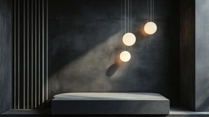 Modern Minimalist Concrete Display Platform with Hanging Spheres